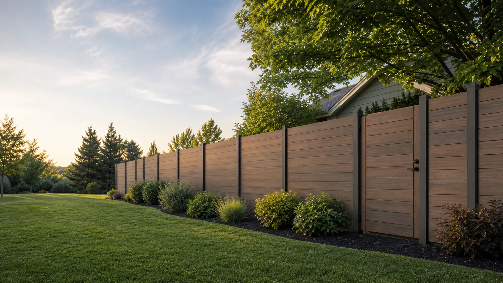 Illustrative privacy fence along a garden